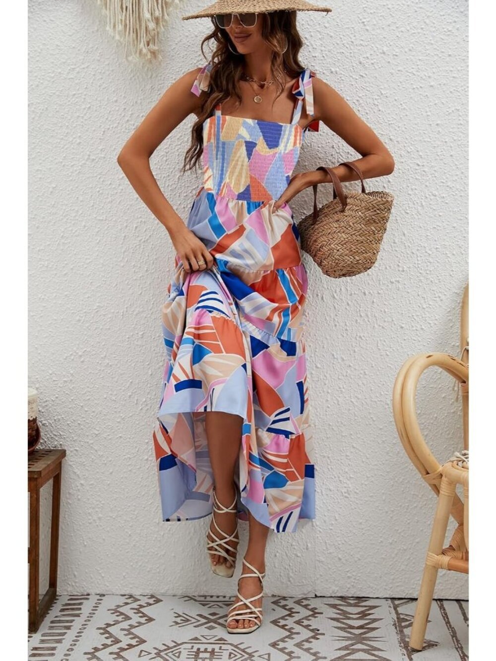 Women's Blue Floral 1 Sleeveless Square Neck Ruffle Flowy Imported Maxi Dress - Picture 2 of 6